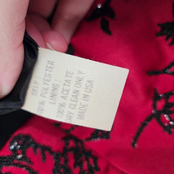 Rare Vintage 90s Christina Perrin Red Satin Beaded Floral Knee Length Skirt Sz 6 - Picture 6 of 7